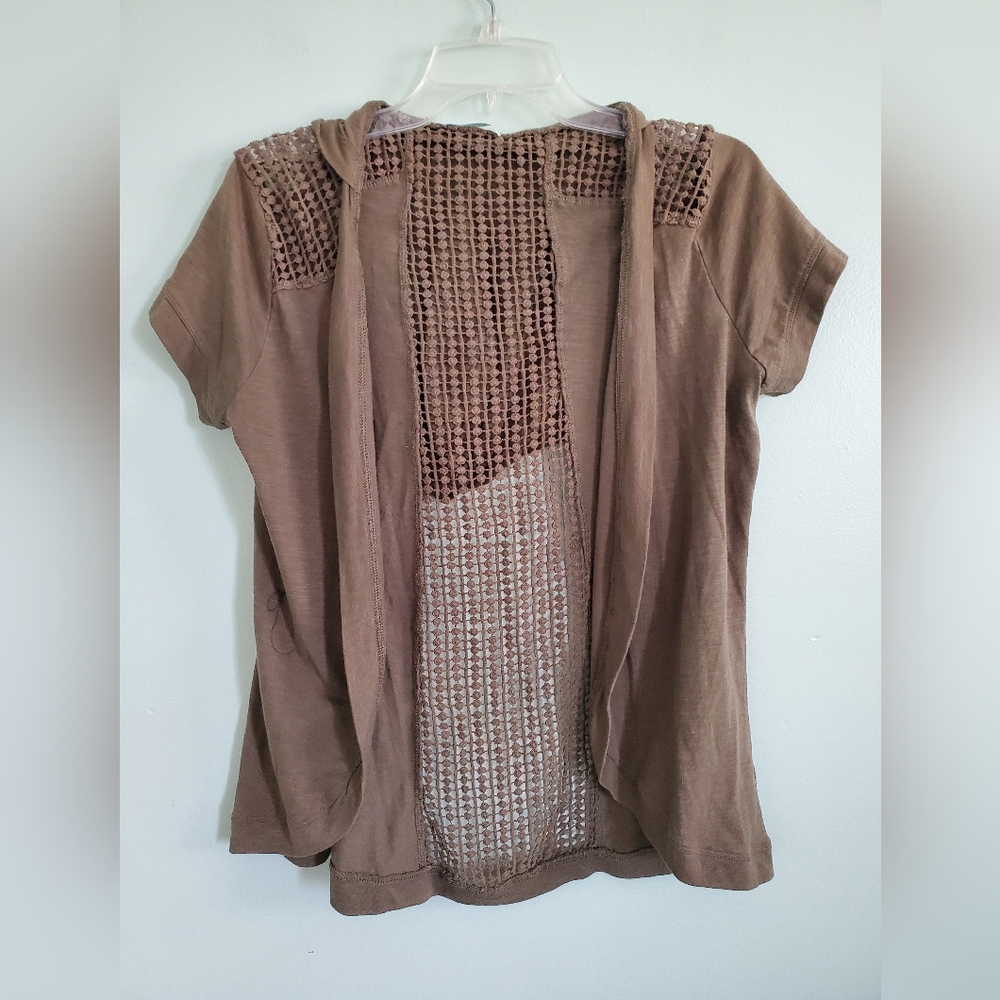 Maurices Taupe Crochet-Back Short Sleeve Hooded Top